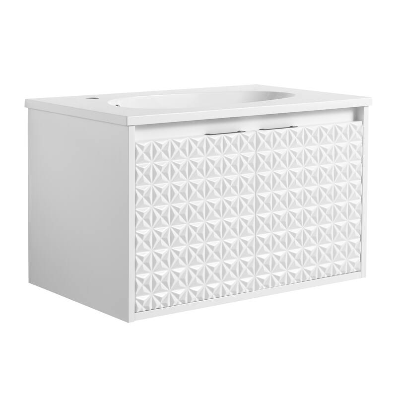 White Double-Door Wall-Mounted Vanity with Drop-Shaped Resin Sink, Soft-Close Hinges, and Hidden Metal Handles - White