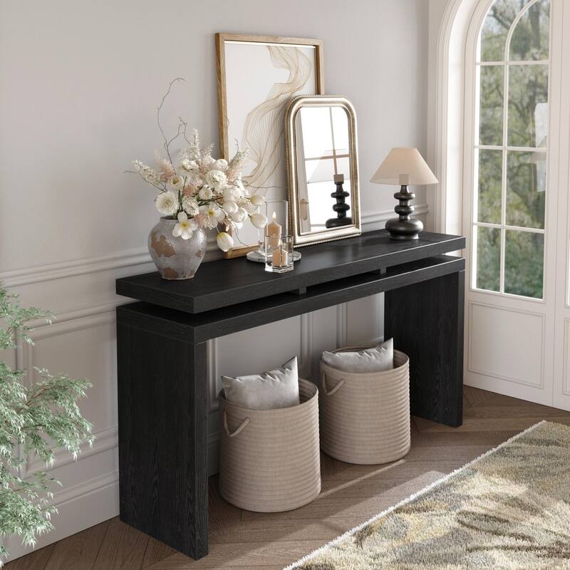 60'' Farmhouse Console Table - Retro Wooden Entryway Table with Double Board Suspension Design