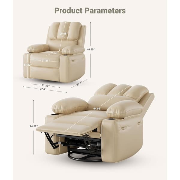 dimension image slide 14 of 15, Oversized power recliner with heat, massage, 360 degrees swivel, and cup holder.