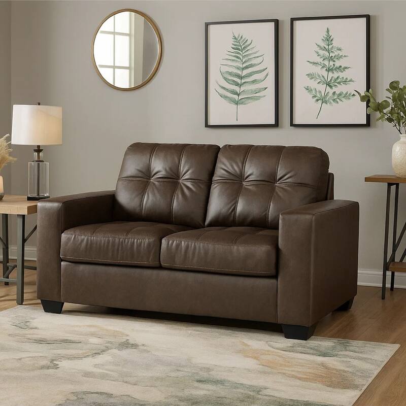 Barl Loveseat, Modern, 62 Inch Soft Tufted Dark Brown Faux Leather