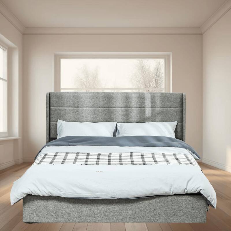 Queen Bed Frame with Headboard, Storage Drawers, Upholstered Platform Frame, No Box Spring, Steel Construction, Easy Assembly - Grey - Queen