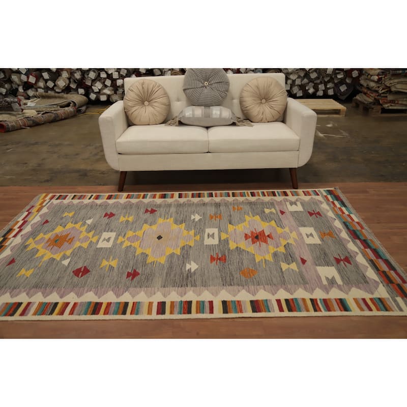 Hand Woven Oriental 100% Wool Carpet Southwestern Tribal Greys & Charcoal Kilim Area Rug - 7' 10'' X 4' 10''