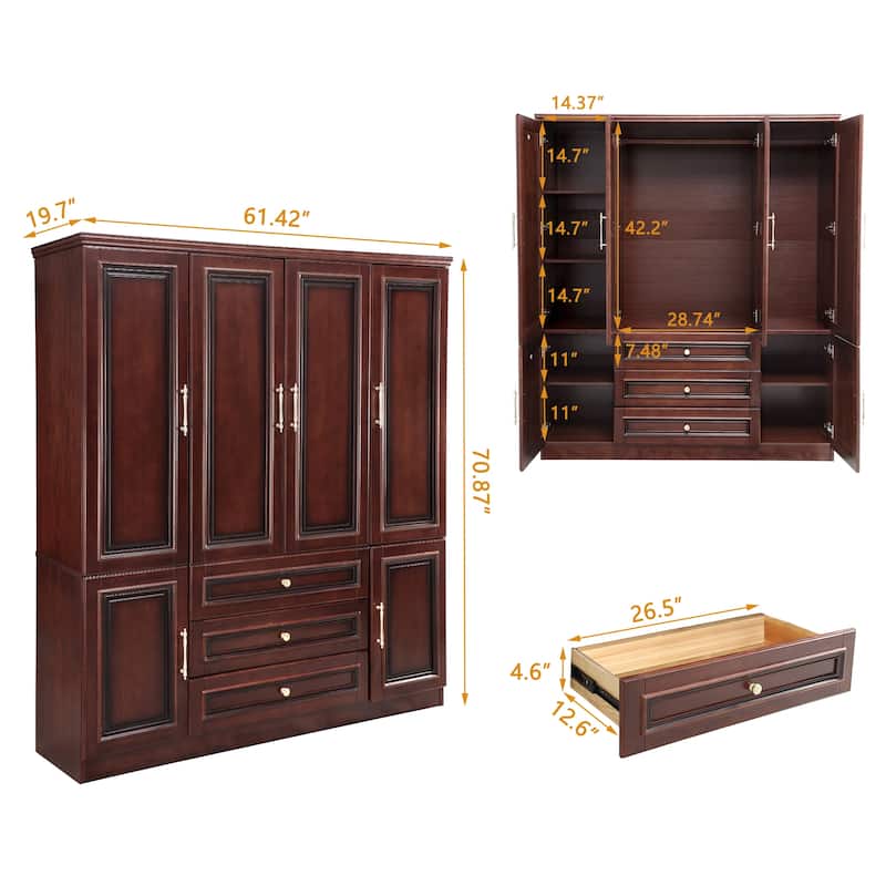100% Solid Wood Armoire Wardrobe Closet with 4 Door, 70.87"H Armoire Closet Cabinet with 3 Drawers & 2 Hanging Rods for Bedroom