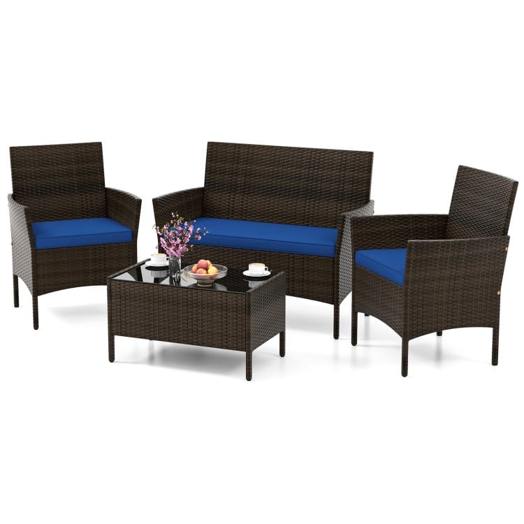 4 Piece Outdoor Rattan Patio Set with Cushions and Glass Table - 39.5" x 22.5" x 32" - Navy-Mix Brown