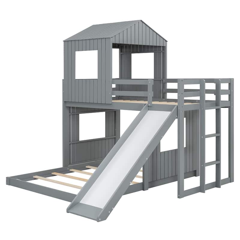 Wooden Twin Over Full Bunk Bed, Loft Bed with Playhouse, Farmhouse, Ladder, Slide and Guardrails, Gray