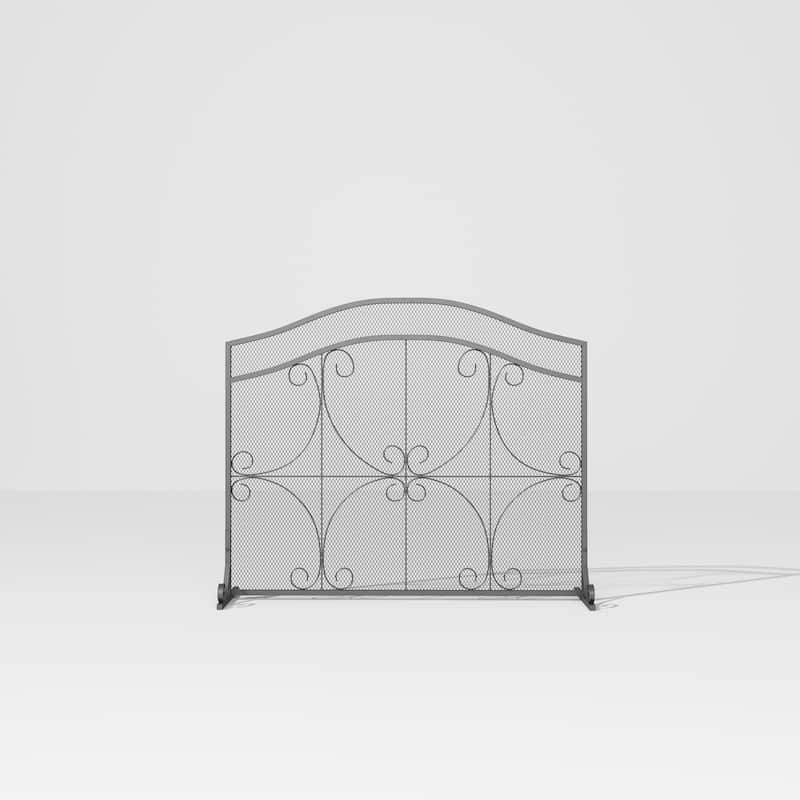 Vintage Wrought Iron Fireplace Screen with Arched Top, Decorative Scroll Design, Sturdy Mesh Spark Guard for Home Hearth