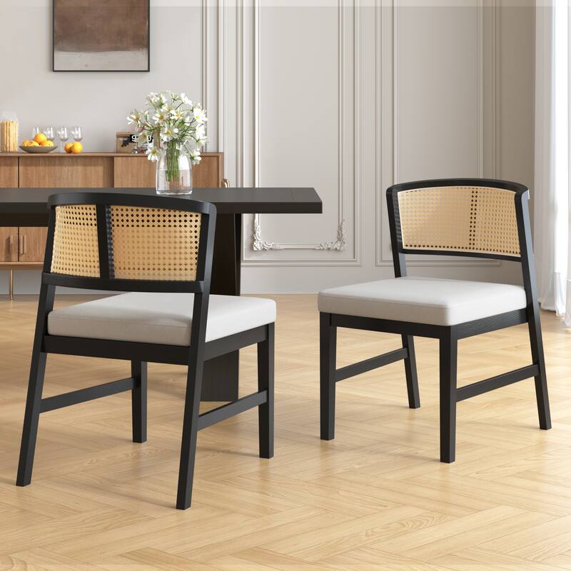 Set of 2 Rattan Dining Chairs - Fabric Upholstered Seat, Curved Rattan Back & Hardwood Frame, Armless - Black