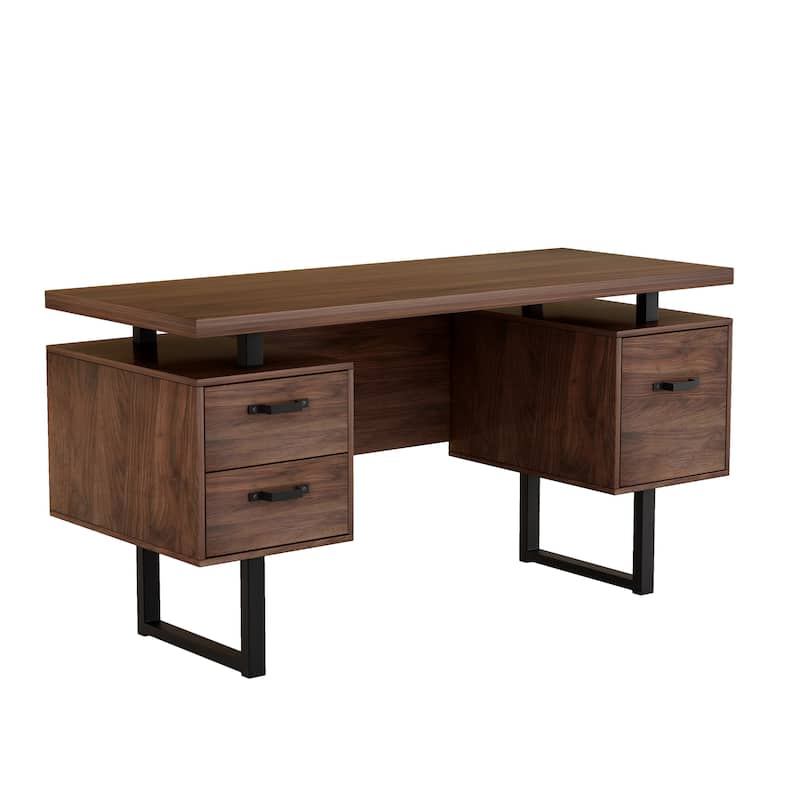 Roomfitters Home Office Desk with Drawers, 59" Writing Table with Hanging File Storage, Study Workstation, Walnut