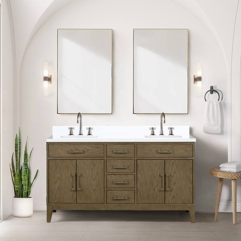 Laurel 60 in W x 22 in D Black Oak Double Bath Vanity, White Quartz Top, Faucet Set, and 28 in Mirrors
