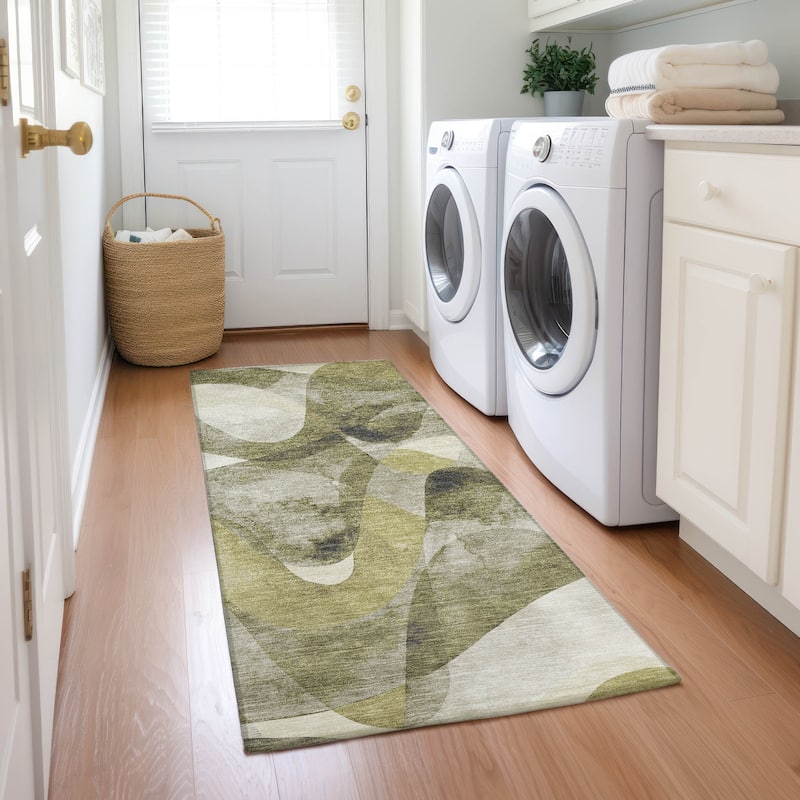 Machine Washable Indoor/ Outdoor Modern Chantille Rug - Olive - 2'3" x 7'6"