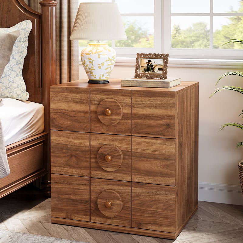 Modern Nightstand with 3 Drawers, Wood Bedside Table with Solid Handles - 1 Pack-Walnut Brown
