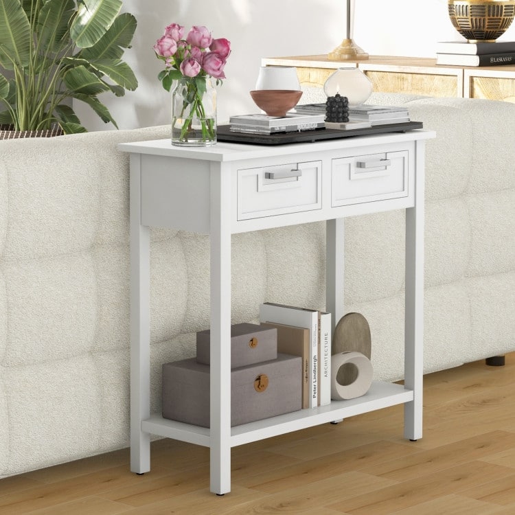 Wooden Console Table with 2 Drawers and Open Storage Shelf for Hallway
