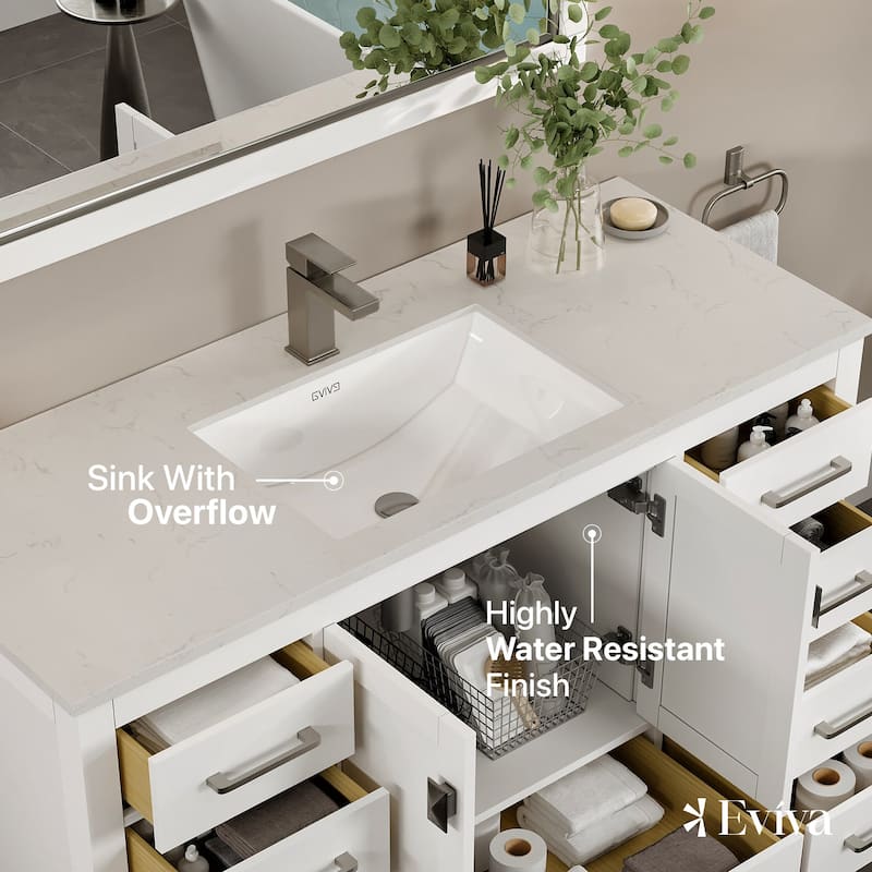 Eviva London 54"W x 21"D White Bathroom Vanity with Carrara Quartz Countertop and Undermount Porcelain Sink