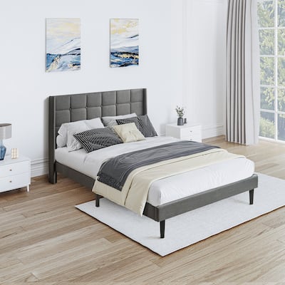 Dark Grey Queen Size Upholstered Platform Bed with Linen Headboard