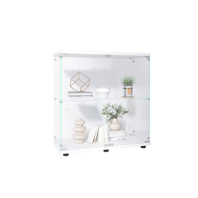 One-Door Glass Display Cabinet with 3 Shelves, Floor Standing Curio Bookshelf with Tempered Glass for Living Room Bedroom Office
