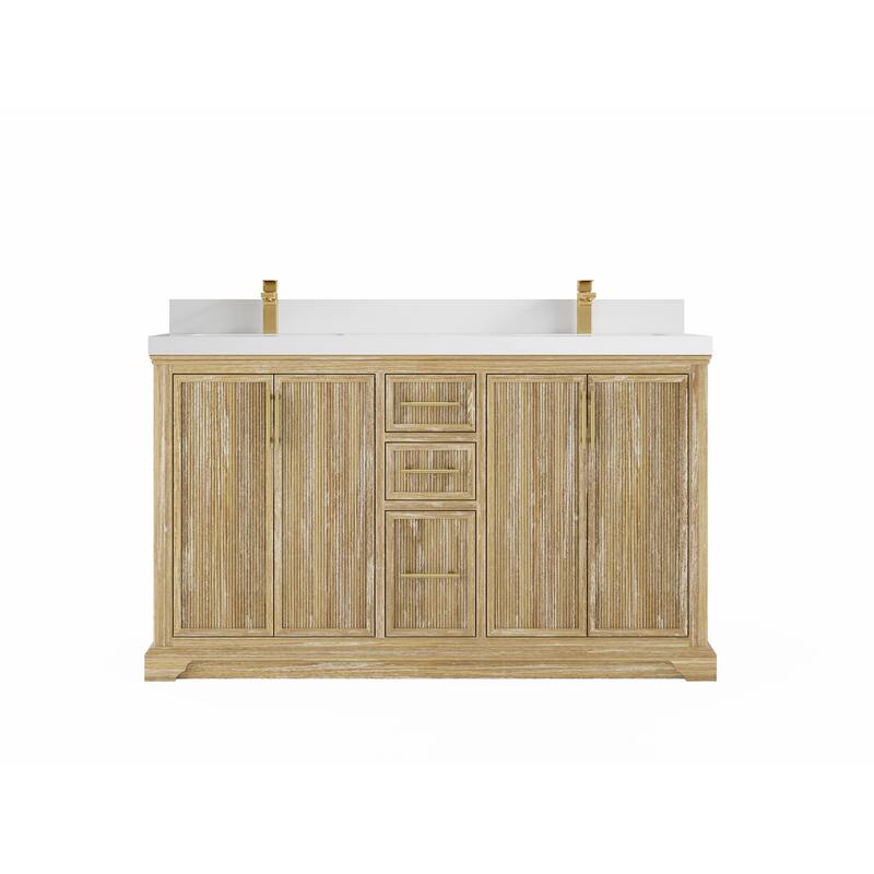 Willow Collections 60 x 22 Alys Solid Teak Wood Double Sink Bathroom Vanity with Quartz or Marble Countertop - 2"White Quartz - Whitewashed