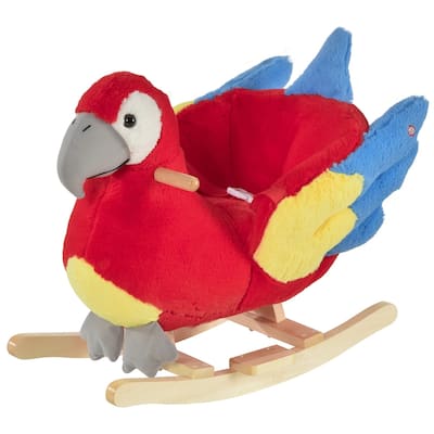 Red Plush Kids Rocking Parrot Horse with Comfortable Seat and Wooden Base Music Feature - 23.5" L x 13.75" W x 19.75" H