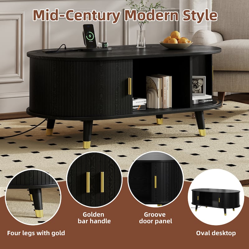 42.5" Mid-Century Oval Coffee Table – Solid Wood Fluted Design with Sliding Tambour Door & Built-In Charging Station.