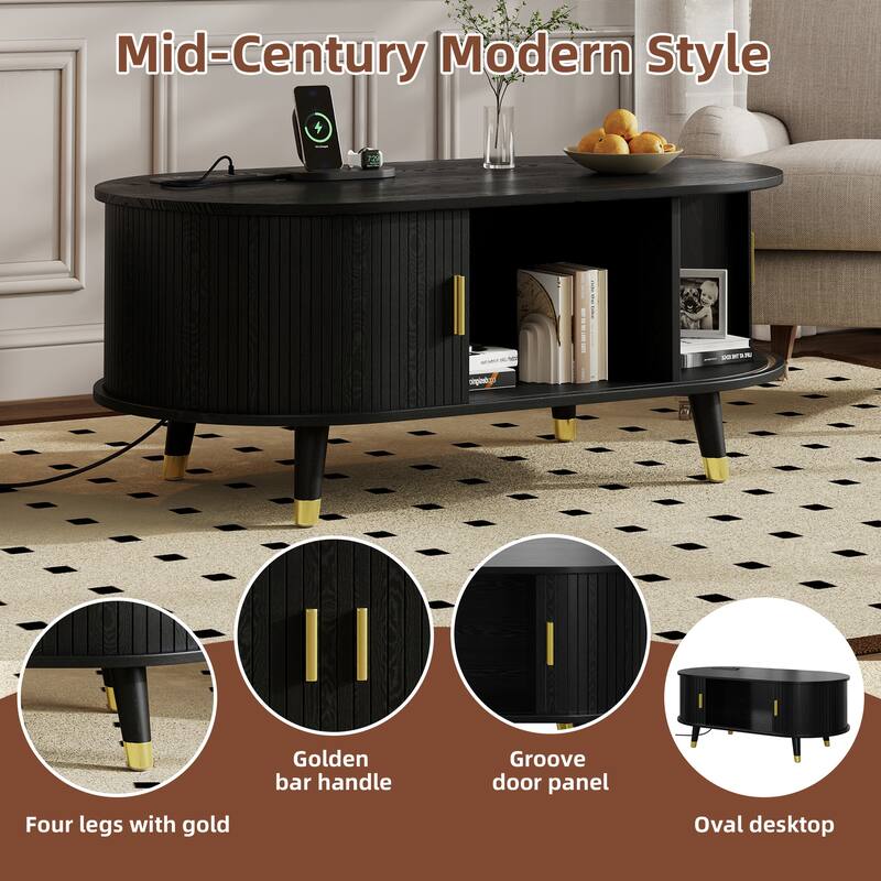 Wooden Tv Stand & Coffee Table Set With Charging Station,Sliding Doors For Tvs Up To 80",Table With Solid Wood Legs