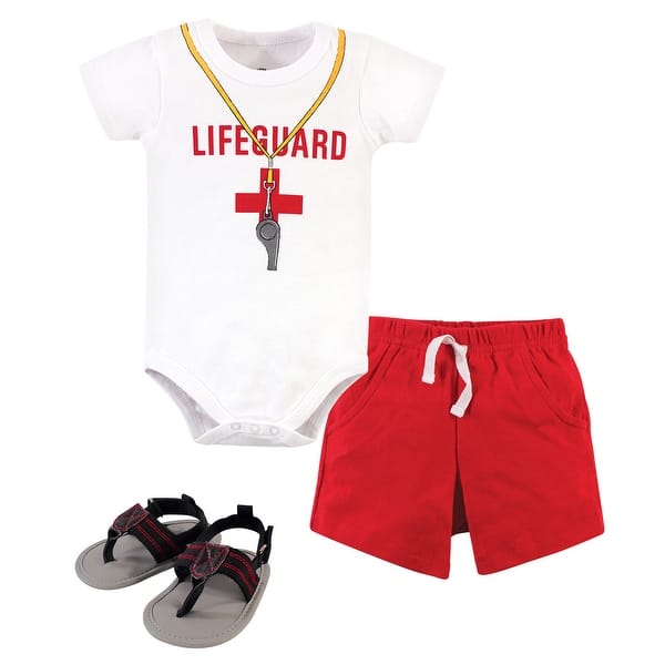 slide 1 of 1, Little Treasure Baby Boy Cotton Bodysuit, Pant and Shoe 3pc Set, Lifeguard 0-3 Months - Lifeguard