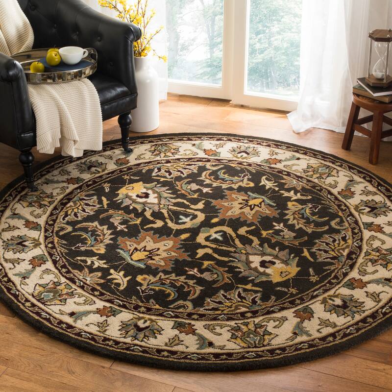SAFAVIEH Handmade Heritage Leafy Glade Traditional Oriental Wool Rug - 6' Round - Black/Ivory