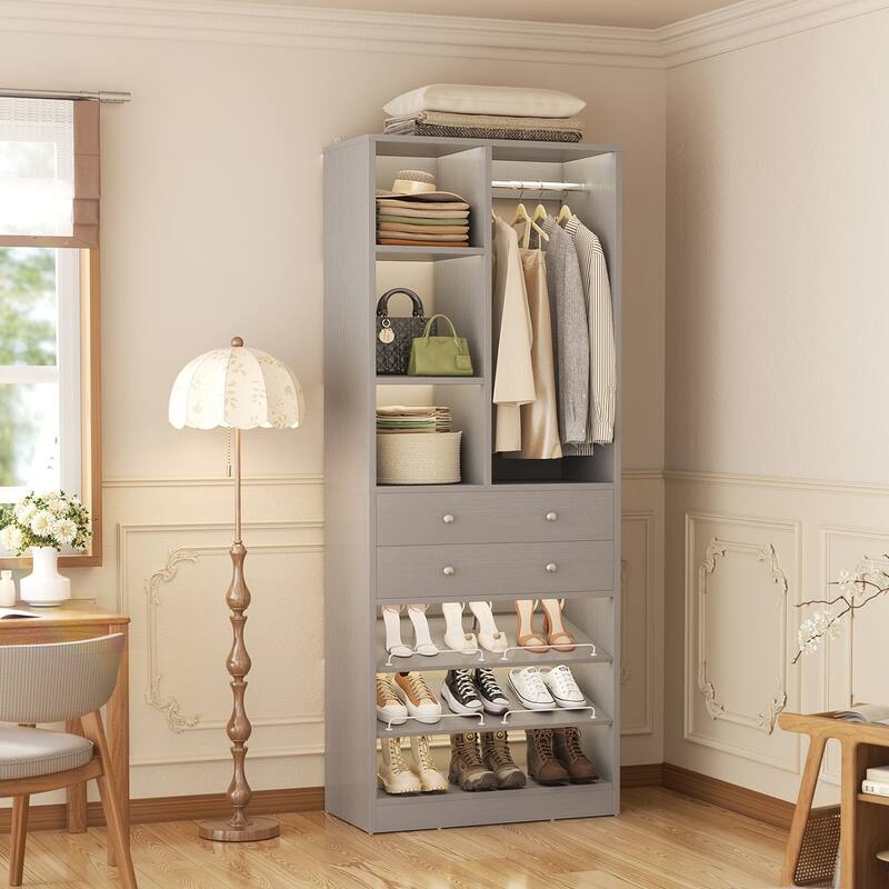 27.7'' Closet Organizer with Shoe Racks and Drawers, Closet System with Hanging Rod and Adjustable Shelves