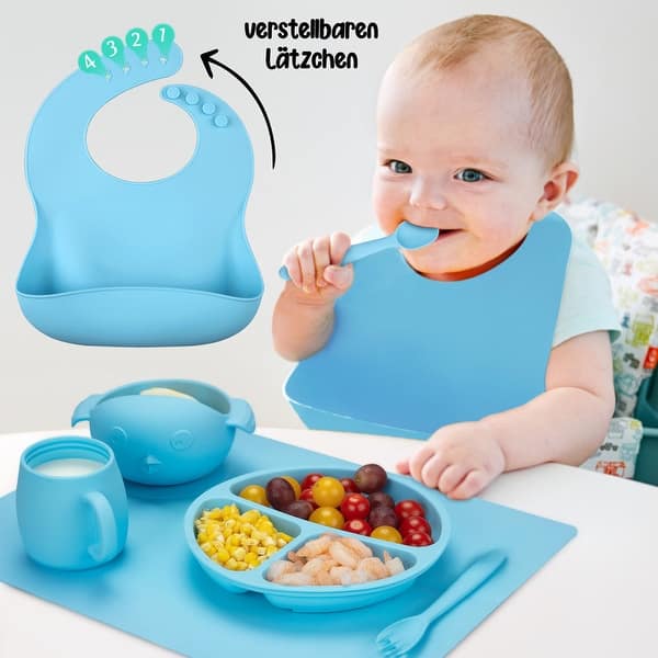 slide 2 of 18, Silicone Baby Feeding Set, 7 PCS Baby Led Weaning Supplies Blue