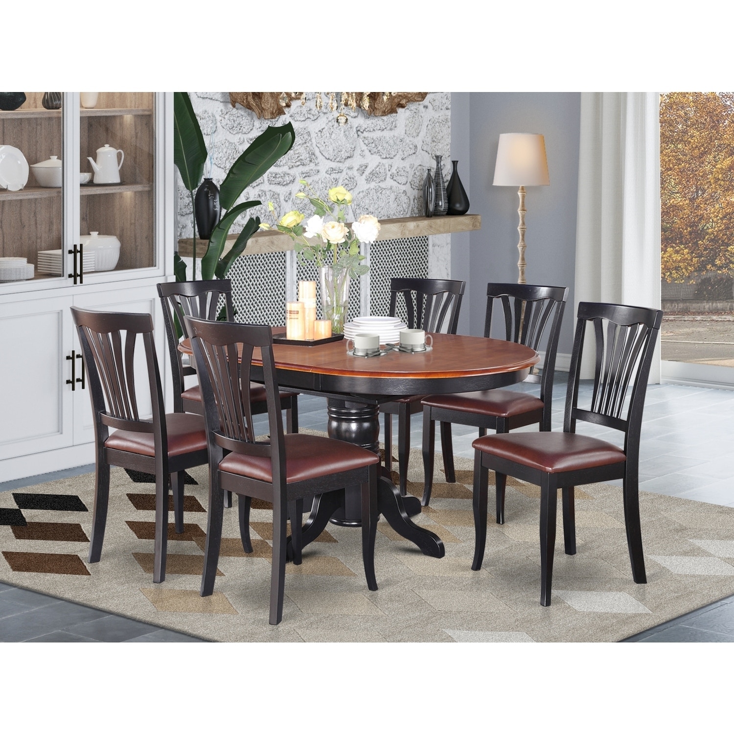 7-Piece Oval Black Finish Solid Wood Top Dining Table with 6-Chairs with