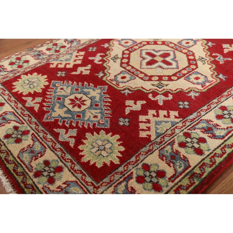 Red Kazak Foyer Rug Geometric Handmade Wool Carpet - 2'7"x 3'11"