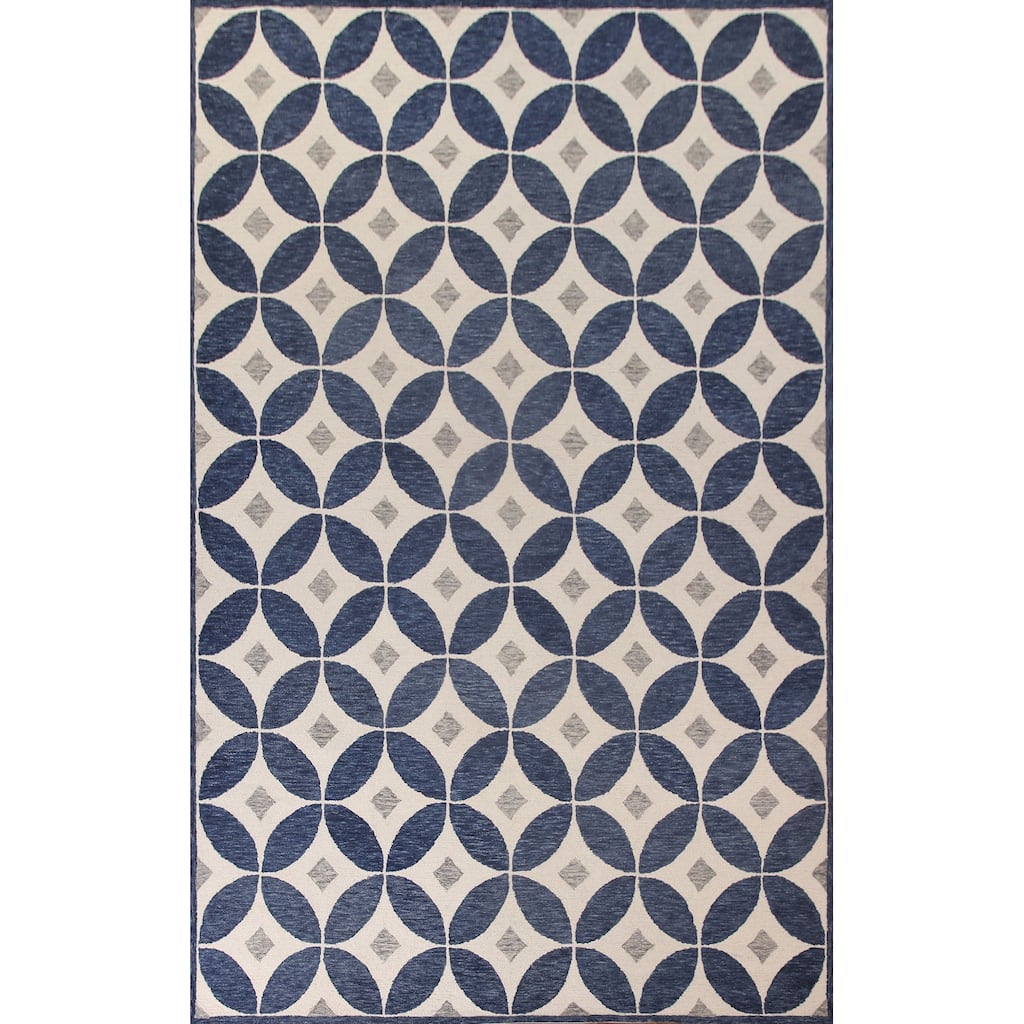 Ivory/ Blue Circles Hand-Tufted Modern Rug Contemporary Carpet