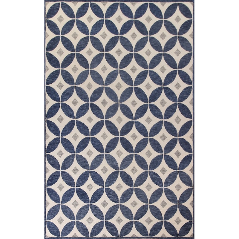 Ivory/ Blue Circles Hand-Tufted Modern Rug Contemporary Carpet