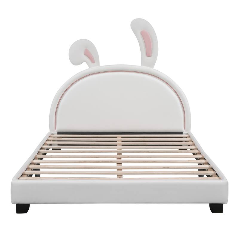 Adorable Twin/Full Upholstered Platform Bed with Rabbit Design, PU Leather, Sturdy Wood Frame, No Box Spring Needed
