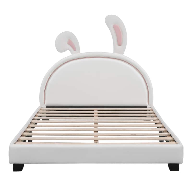 Twin/Full Size Upholstered Leather Platform Bed with Rabbit Ornament