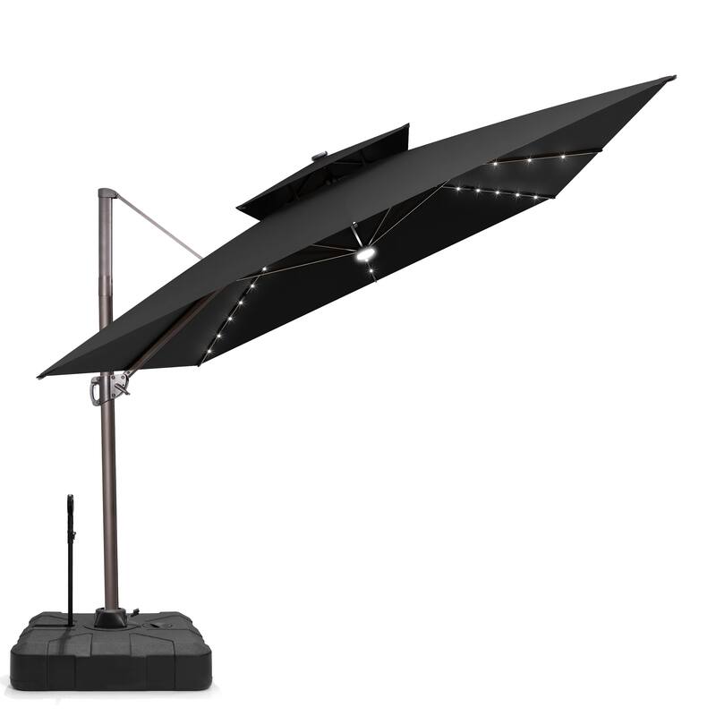VredHom 11 FT Square Outdoor Patio Cantilever Umbrella Solar LED Lighted with Rod Base - Black