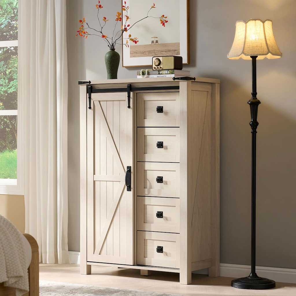 Farmhouse 5 Drawers Dresser, Vintage Chest of Drawers with Barn Door