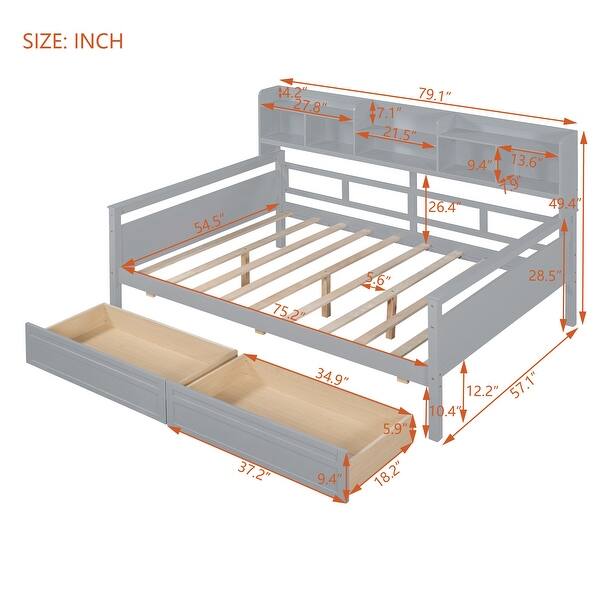 Full Size Daybed Bed Frame with 2 Drawers - Grey