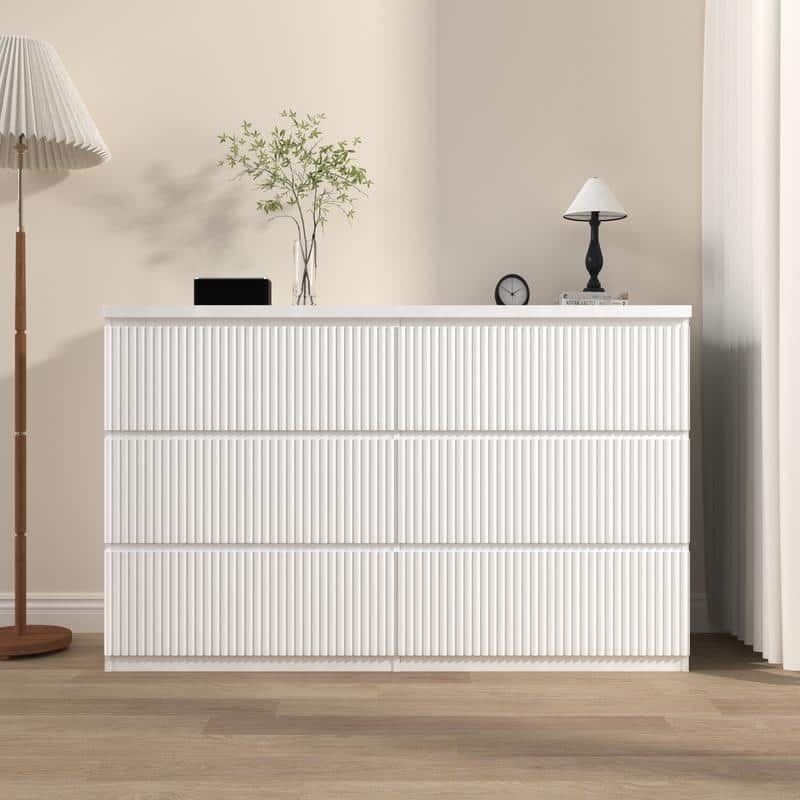 6-Drawer White Storage Cabinet, Modern Wavy Panel Dresser for Bedroom & Living Room