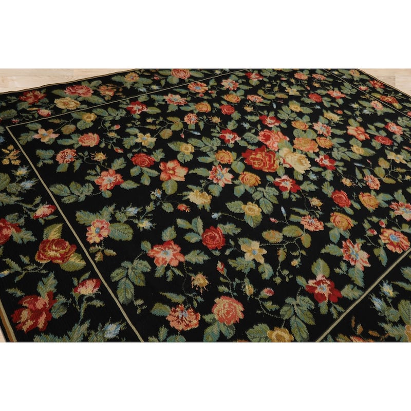 9x12 Hand Woven Wool Black Portugese Needlepoint Traditional Area Rug - 9' x 12'