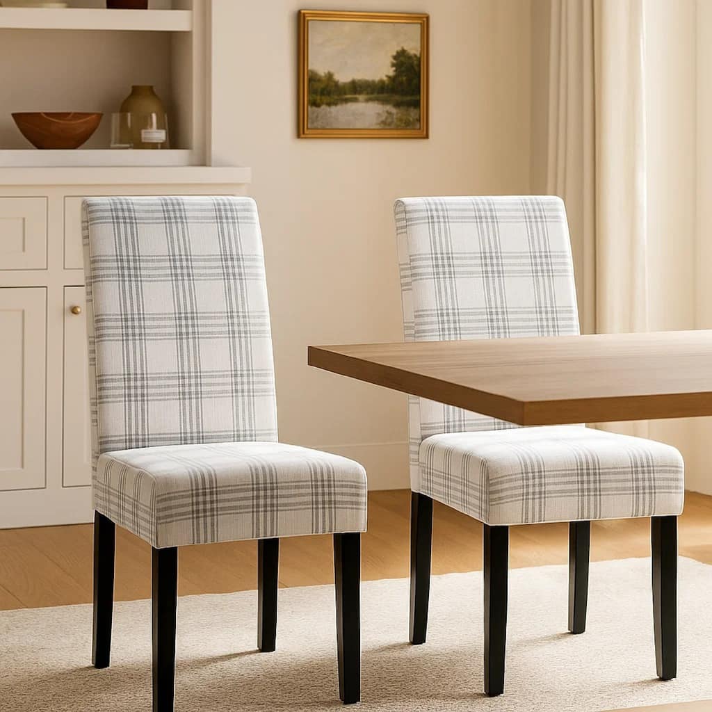Cini Dining Side Chair Set of 2, Gray Plaid Fabric, Black Wood Legs