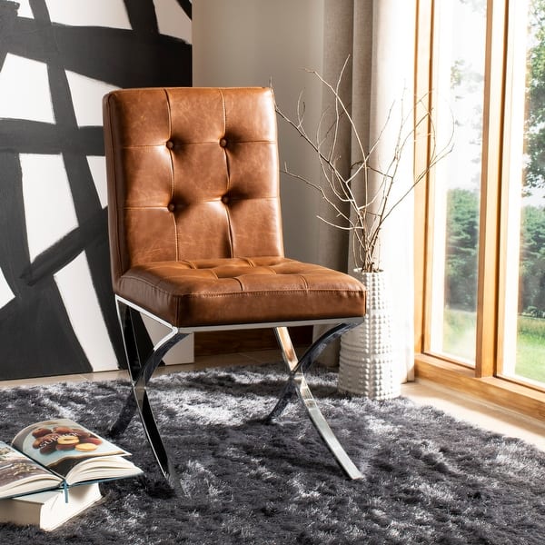 slide 2 of 11, SAFAVIEH 18.25" Walsh Tufted Side Chair - Light Brown / Chrome - 18.5" x 23" x 35" - 18.5" x 23" x 35"