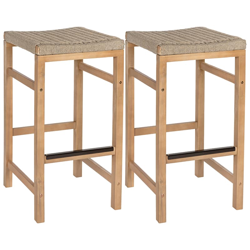 Armand Backless Acacia Wood Outdoor Stool with Woven Rope Seat, (Set of 2)