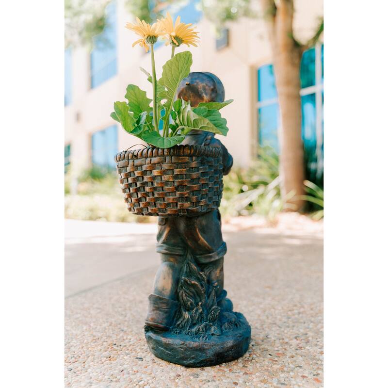 XBrand 24" H Faux Bronze Magnesium Oxide Walking Boy Garden Statue w/Small Flower Plant Pot, Natural Design Sculpture