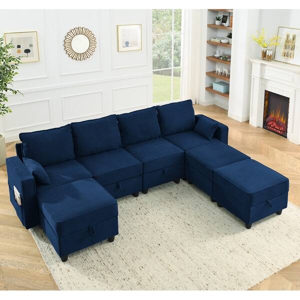 UShape Modular Sectional Sofa, 7 Storage Seat, Corduroy Velvet Sofa