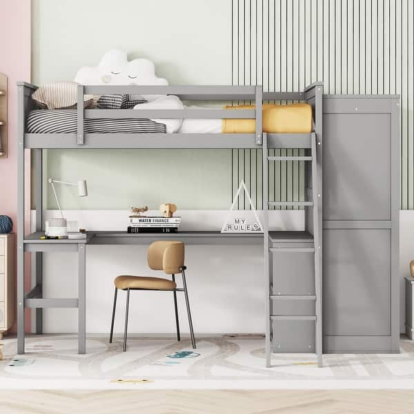 slide 2 of 36, Twin/Full Size Loft Bed with Desk(U-Shaped) & Storage Shelves & Wardrobe for Kids/Teen/Adults, Wood Bedframe w/Safety Guardrails Gray - Twin