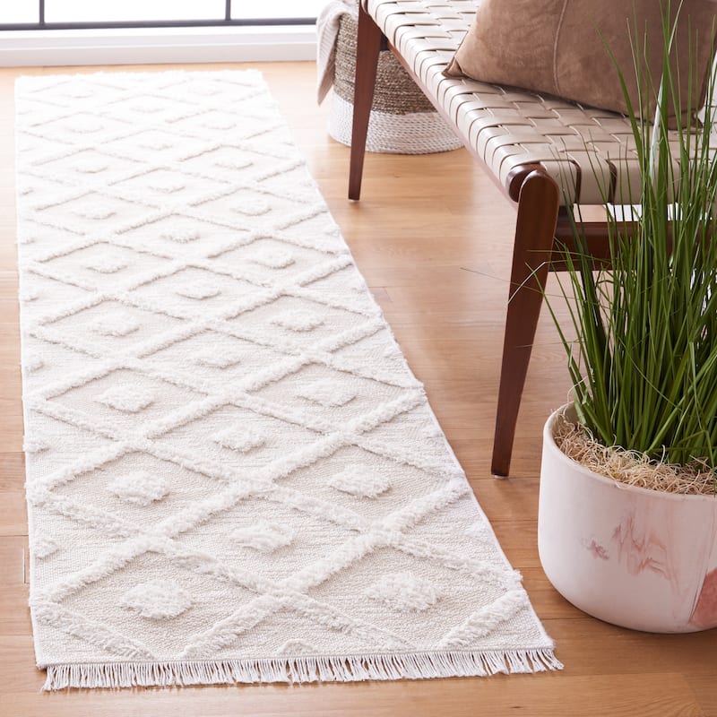SAFAVIEH Augustine Eloina Trellis Fringe Rug - 2' x 11' Runner - Beige/Ivory