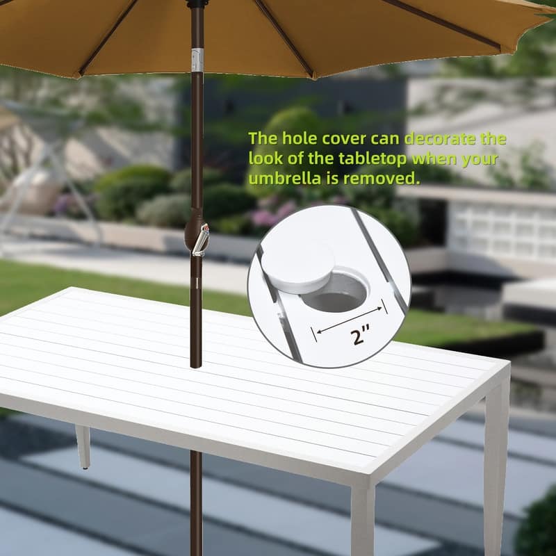 7-Piece Aluminum Patio Set – 4 chairs, 2 swivel rockers (Sunbrella cushions),and a white/gray two-tone table with umbrella hole.