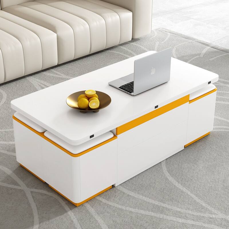 Lift-Top Coffee Table with 4 Storage Stools, Modern Space Saving Center Table , Multi-Functional Adjustable Coffee Table - White