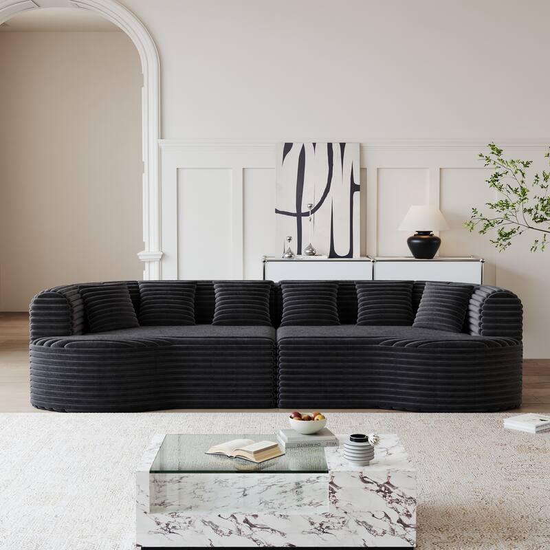 Corduroy Curved Chaise Sectional Sofa with Deep Seating and 6 Pillows - Black