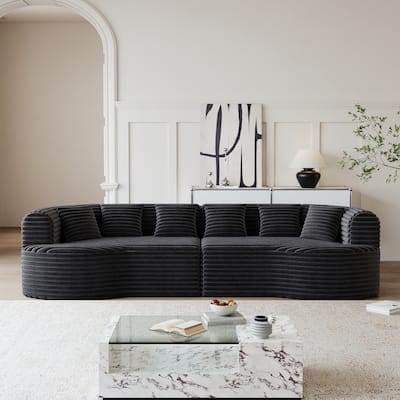 Corduroy Curved Chaise Sectional Sofa with Deep Seating and 6 Pillows