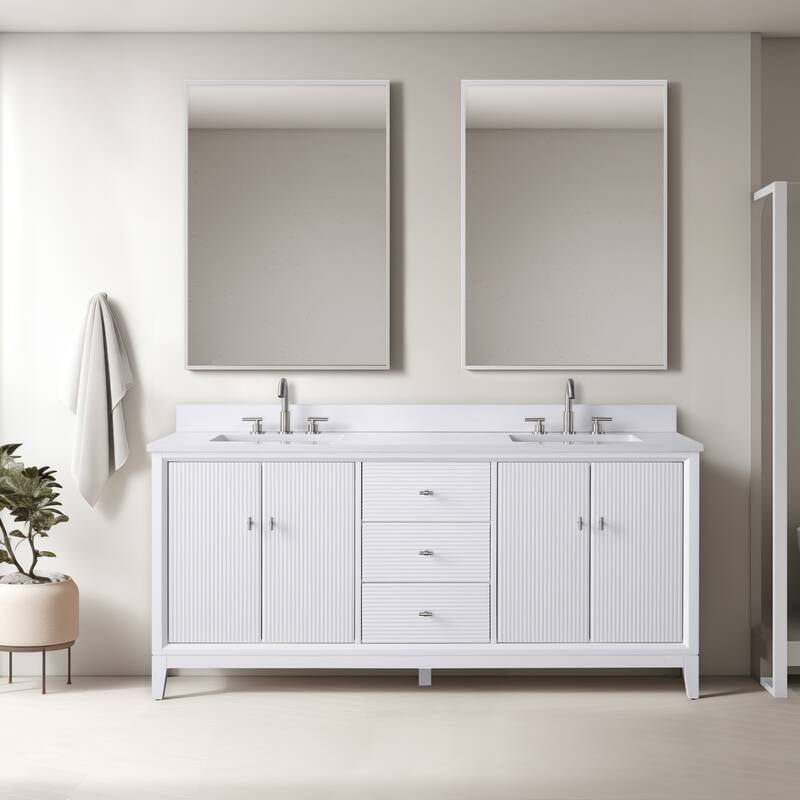 Vanity Art 72" Freestanding Bathroom Vanity with Engineered Marble Top and Sinks - 72"/Brushed Nickel - White